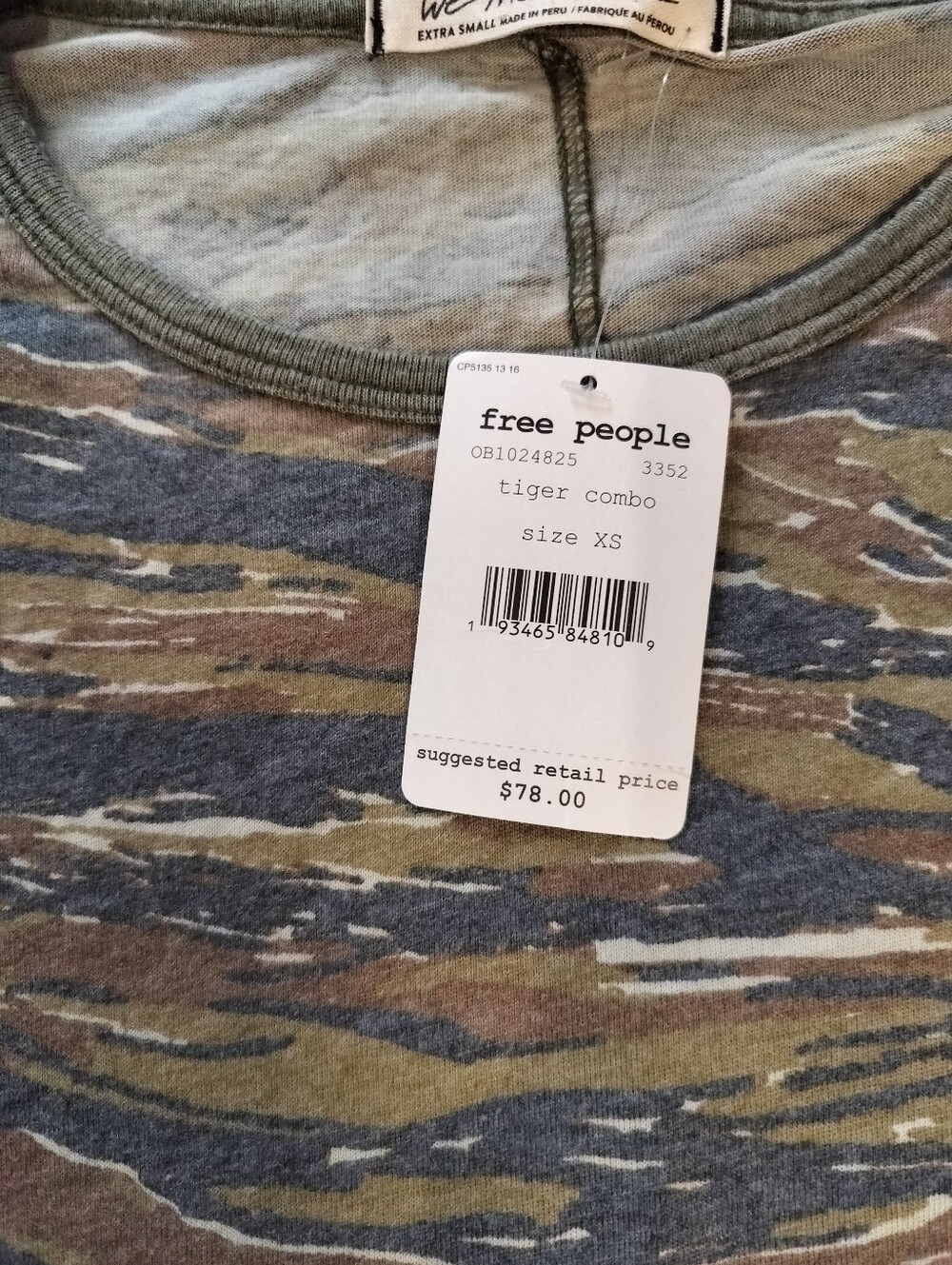 NWT Free People Long Sleeve Arielle Distressed  Camouflage Tiger Combo XS/S/M - Picture 3 of 7